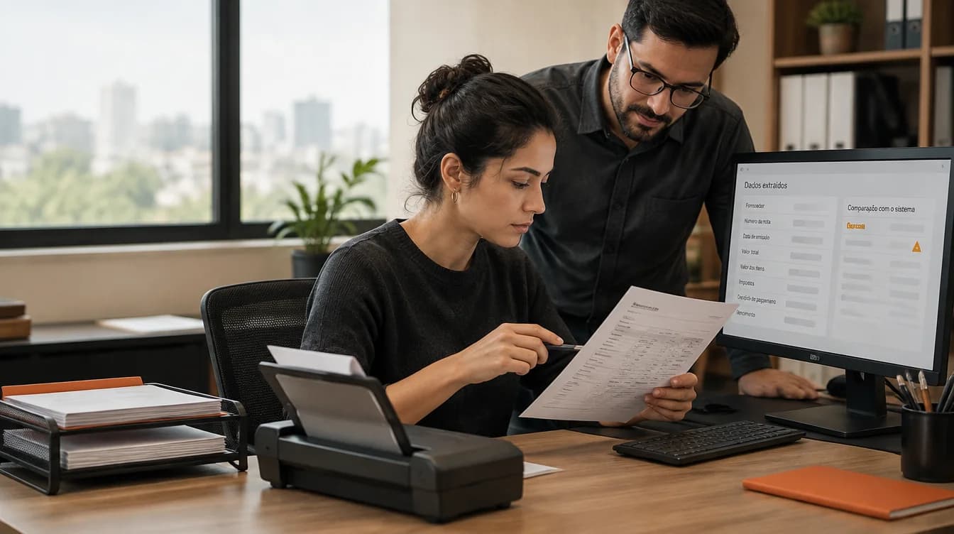 Colleagues compare an invoice with extracted fields in a system to review a discrepancy.