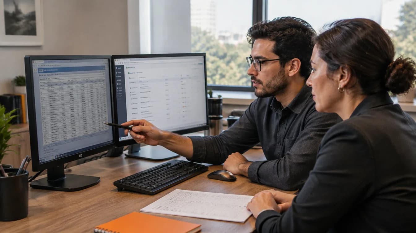 A systems analyst and an operations manager compare records across two interfaces.