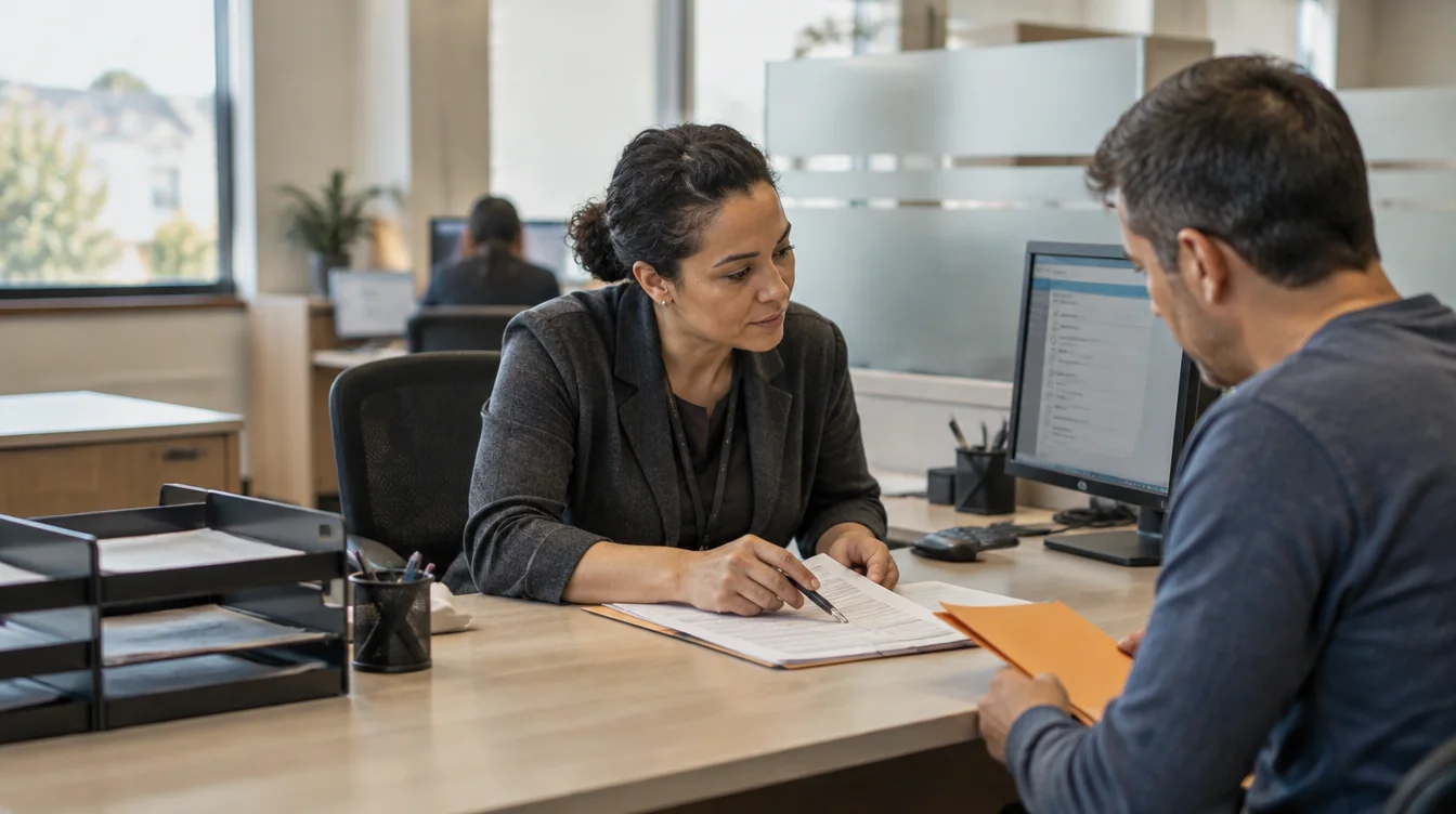 A municipal employee checks application documents while helping a resident at a service desk.